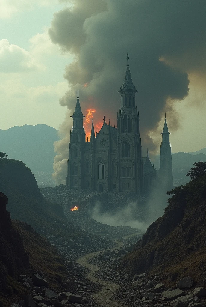 "Nagasaki moments after the atomic bomb, 1945. The city is engulfed in flames and smoke as the bomb explodes. The hilly landscape of Nagasaki is being ravaged by the blast, with the iconic Urakami Cathedral partially visible in ruins. The scene is filled with a sense of devastation and loss."