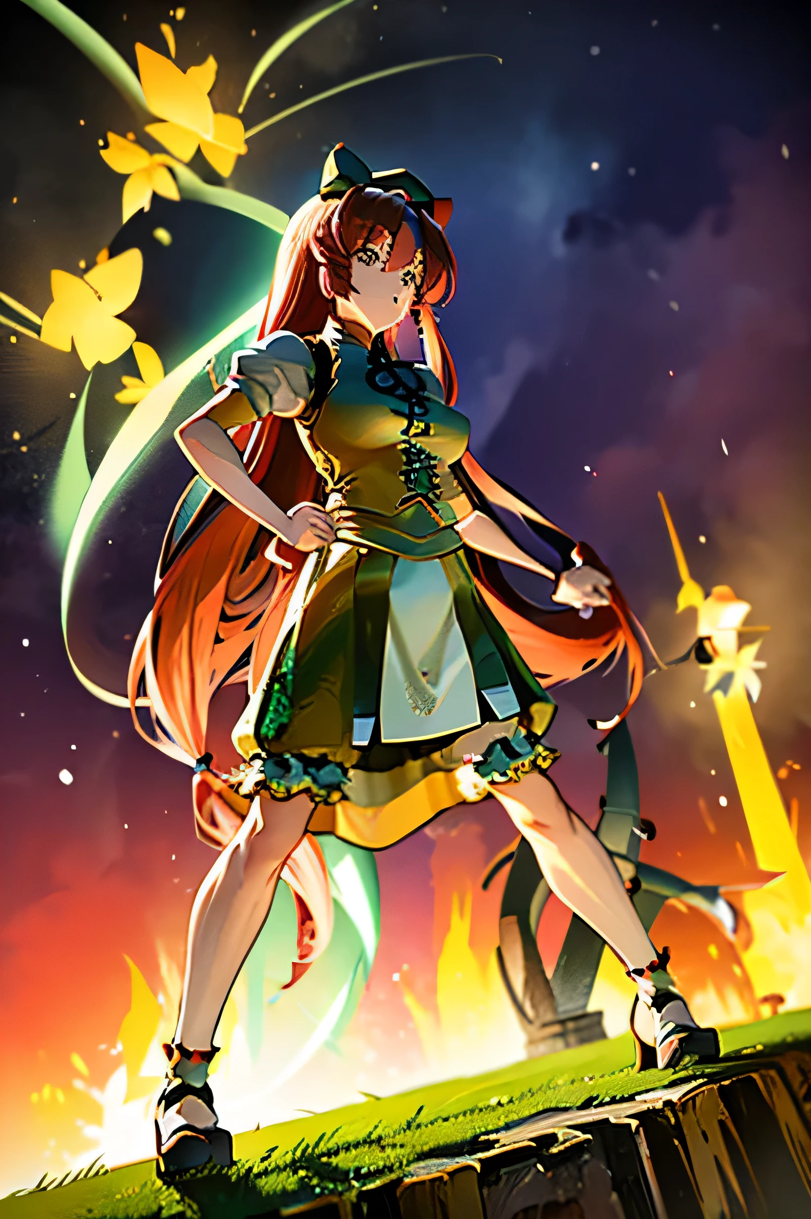 Hong Meiling from the Touhou Project、Adult women、Red hair、Straight long hair、Braids on the temporal part、She has her braids tied with a black ribbon、Wearing a green cheongsam、A flat green hat like a beret、A yellow star-shaped emblem in the center of the hat、Full body portrait、Tai Chi pose with fists and palms together、The hair and body don't extend beyond the screen.