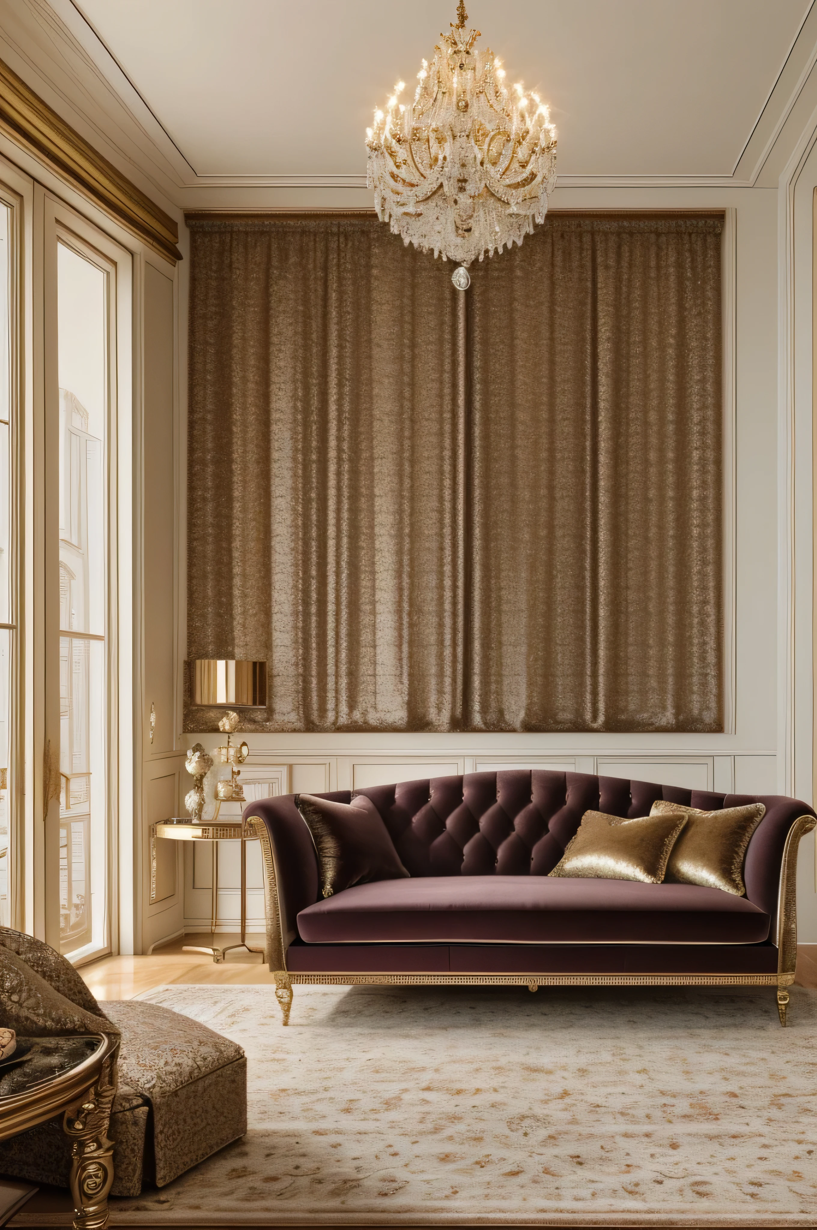 "Create an image of luxurious home decor featuring an elegant and sophisticated interior. The room should showcase high-end furniture with rich textures, such as a velvet sofa and a marble coffee table. Include decorative elements like a statement chandelier, ornate rugs, and stylish art pieces. The color scheme should be refined, with neutral tones accented by metallics or jewel tones. Large windows should let in natural light, highlighting the opulent details and creating a welcoming yet lavish atmosphere."