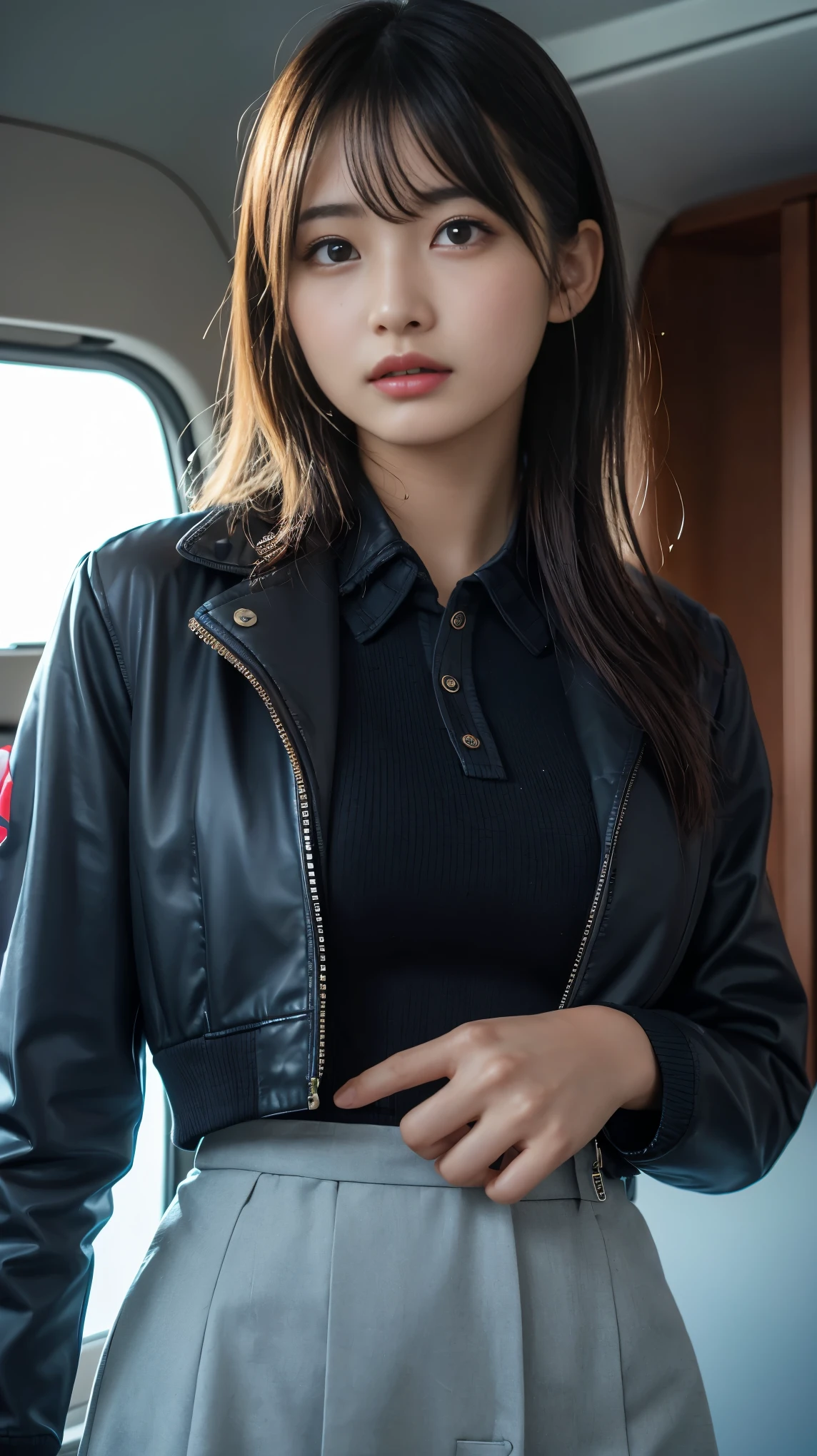 Glowing Skin, lips, Highly detailed skin, Beautiful face and eyes in every detail, Spotlight, Professional Lighting, (Upper Body:0.8), stewardess, Black Skirt, Jacket, Short shirt, Ko 123,
