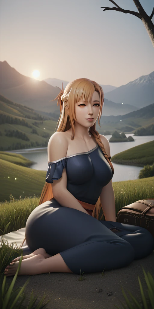 score_9, score_8_up, score_7_up, score_6_up, uncensored, Asuna Yuuki long hair, orange hair, fold hair, braid, orange eyes, breasts, epic art, fantasy, 1girl, grass, solo, barefoot, sitting, breasts, mountain, sunset, dress, bare_shoulders, outdoors, looking_at_viewer, off_shoulder, field, sky, lake, collarbone, mountainous_horizon, indian_style, twilight, tree, black_dress, large_breasts, scenery, medium_breasts, feet, off-shoulder_dress, (bokeh:1.3), rock,
