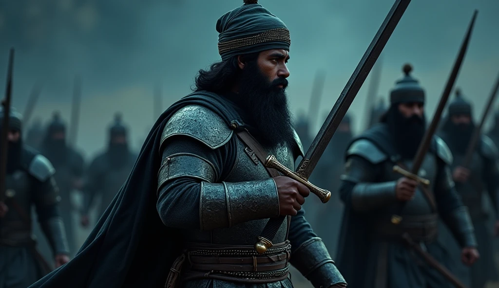 Profile, dash pose, many Muslim warriors, warriors group dash, black men , middle body, (Has black hair and a beard),(Cover the whole body in armor, ((Chinese sword in both hands)) , ((He wears a chain clothes, and Wearing a turban, body light armor))) , night ((Anatomically correct,Surrealism, uhd, retina, accurate, anatomically correct, textured skin, super detail, high details, best quality, 8k))