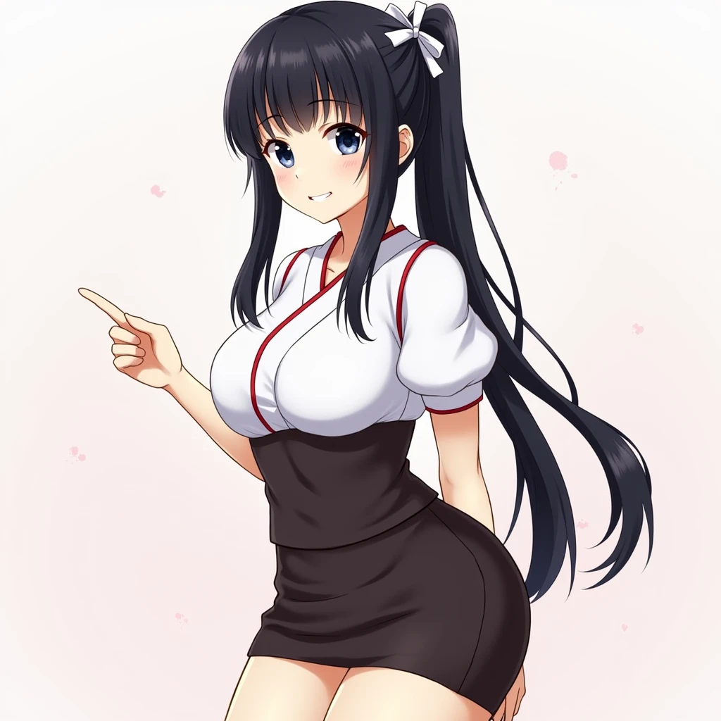 Long straight black hair。
Bangs。She has a ponytail and a white ribbon tied in her hair.。The eyes are a bluish black。
Mom。
Her breasts are incredibly large.。
Her butt is so big it's about to burst.。
Miko costume。