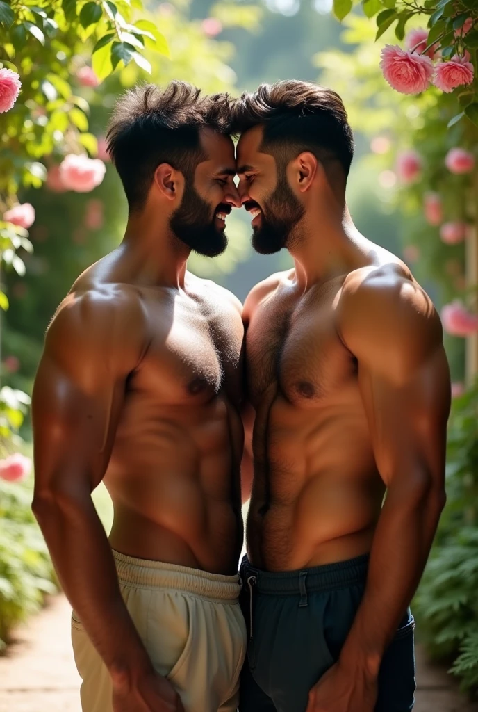 Generate indian realistic handsome small beard hairy chest naked gay huge each other
