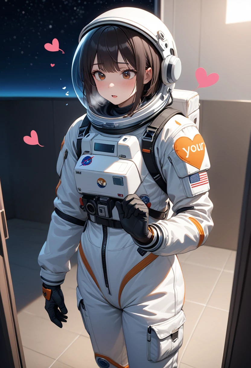 (Spacesuit:1.15), White Cargo Pants, astronaut)baburuherumetto, Space Helmet , , indoor, masterpiece, Highest quality, One person, alone, short hair, , ,(Heart Sayings:1.2), , trembling, Shortness of breath,, fog,\Show your hand, (hold one&#39;s head:1.5),From above,On the bed,Blonde、Blue Eyes、blush、surprise、Scream