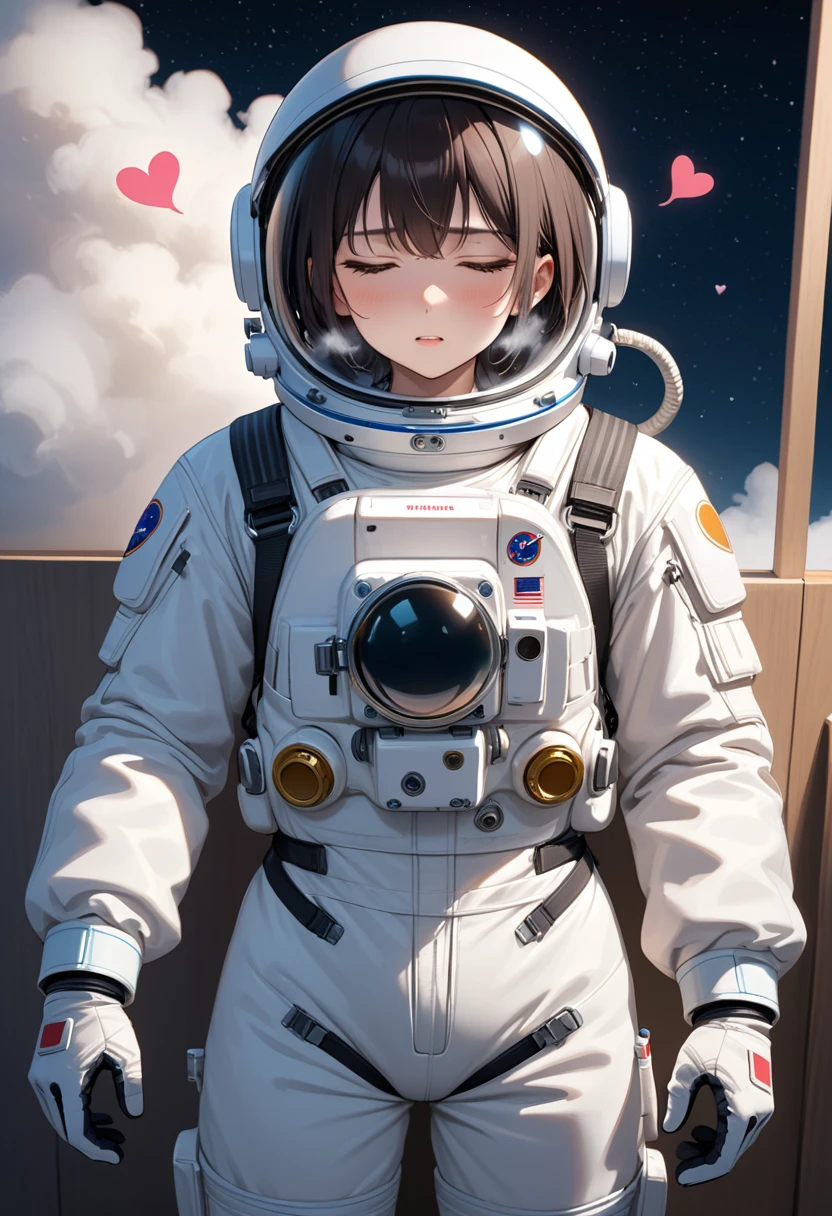 (Spacesuit:1.15), White Cargo Pants, astronaut)baburuherumetto, Space Helmet , , indoor, masterpiece, Highest quality, One person, alone, short hair, , ,(Heart Sayings:1.2), , trembling, Shortness of breath,, fog,\Show your hand, (hold one&#39;s head:1.5),From above,On the bed,Blonde、Blue Eyes、blush、surprise、Scream