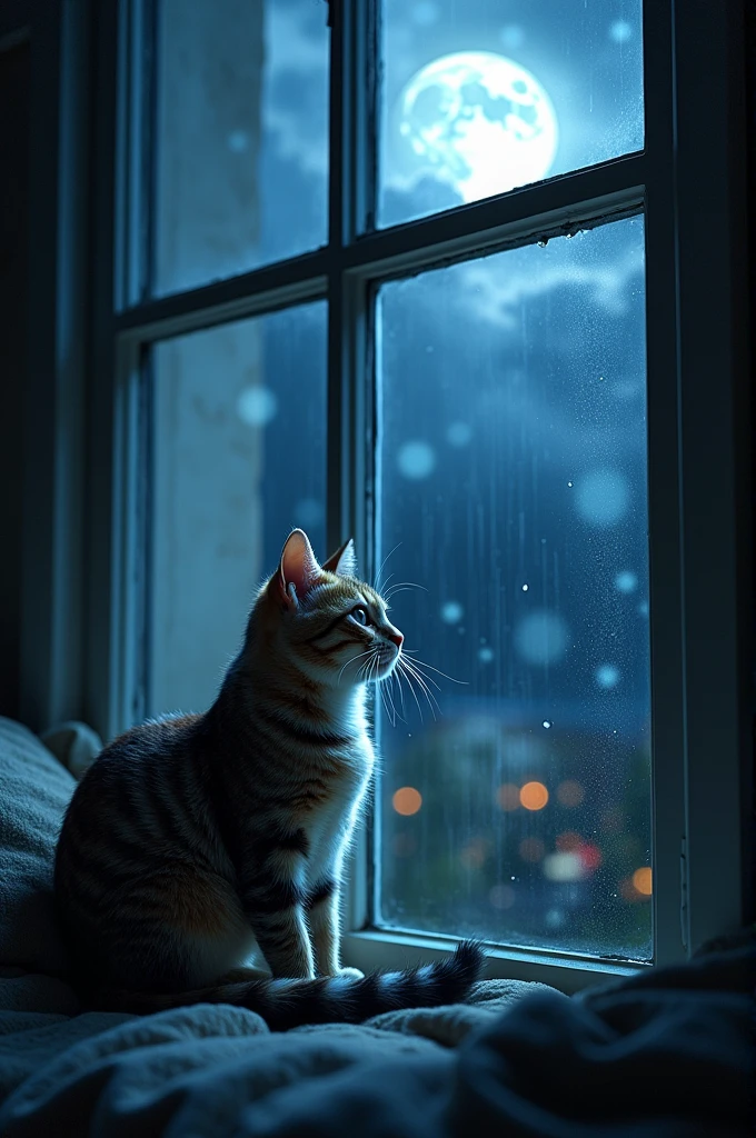 A cat sitting by the window looking at the sky outside, rainy day, night, beautiful sky