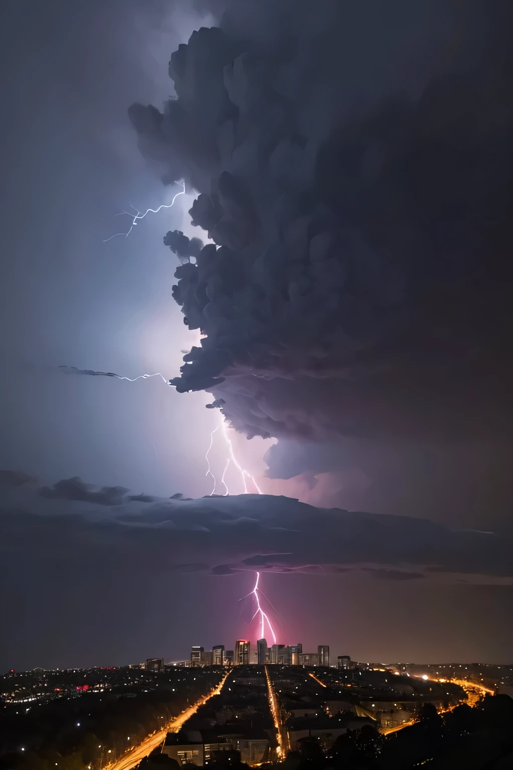 Person on a hill watching a city on fire during a lightning storm as the reaper with his scythe descends from the skies in a chariot.