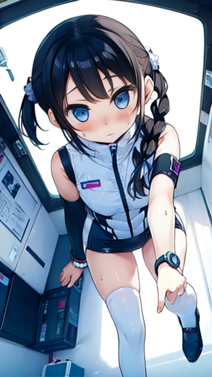 (Highest quality), (masterpiece), 1080P, High resolution, 4K, 8k, Inside the space station、Futuristic room、Thigh straps, Shooting from directly below, The woman on top of me, 白いSweat, Covered , Sweat, Woman looking down, Skirt swimsuit, Thigh-high socks, To achieve this, , , whole body, Black leather shoes, Braided hair, Inner Color, Embarrassed face, Short black hair, bracelet, Bedroom,celestial body_Vest
