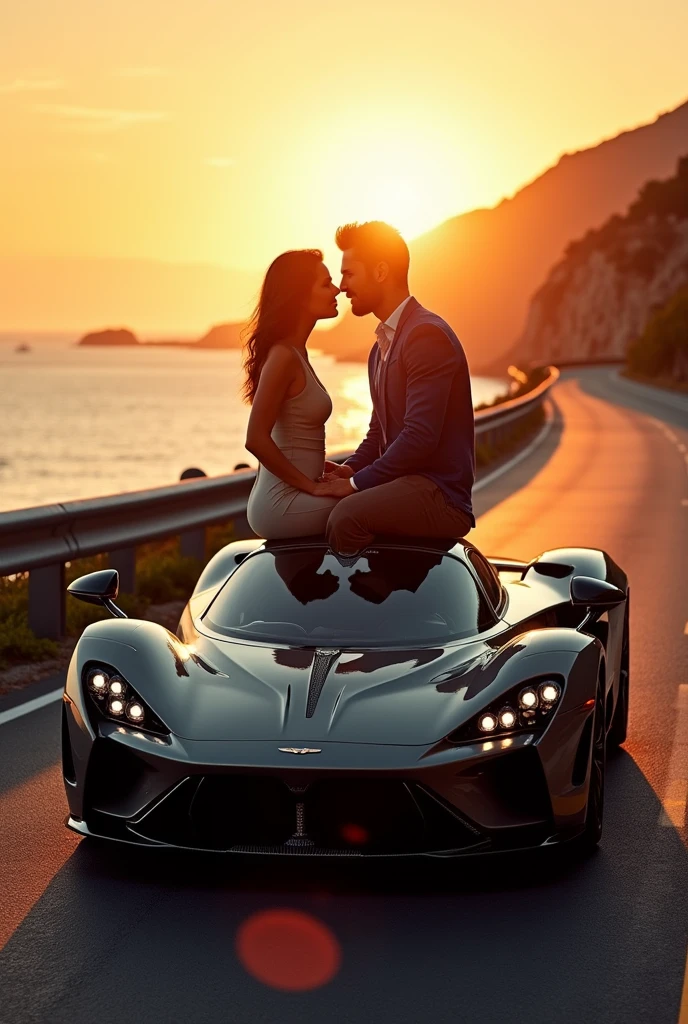 (photorealism:1.2), couple mates with their own hypercar, Pagani Huayra BC and Aston Martin Valkyrie, staring at each other while sitting on their car's hood 