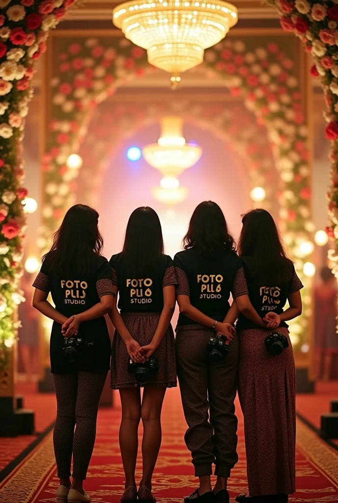 Here’s a detailed prompt you can use:

"A team of four Indian female photographers, professionally dressed in coordinated outfits suitable for a wedding event. The T-shirts they wear have 'FOTO PLUS STUDIO' printed on the back. Each photographer is holding a DSLR camera, and they are standing together in the center of the image, viewed from behind. The scene highlights their professionalism, unity, and focus as they work to capture the event."