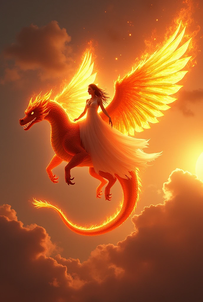 goddess of fire with fire wings riding a dragon