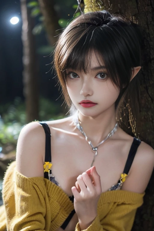Bow, mix4, (8k, RAW photo, top quality, masterpiece: 1.2), (realistic, photorealistic: 1.37), one girl, cute, woods, night, rain, wet, professional lighting, photon mapping, radiosity, physical based rendering,, gradient black hair,, gray hair, short curly, handsome, girl,tight mini,elf, Top Quality Photos, High Resolution, 1080p, (Clear Face), (Detailed Facial Description), (Detailed Hand Description), (Masterpiece), (Elaborate CG), Extreme Light and Shadow, Tousled Hair, Master Work, Rich Details, (Fine Facial Features), (Top Quality Photos), (Masterpiece), (Detailed Eyes), Look Before You 100 Different Eyes, Fine Clavicle,Poses