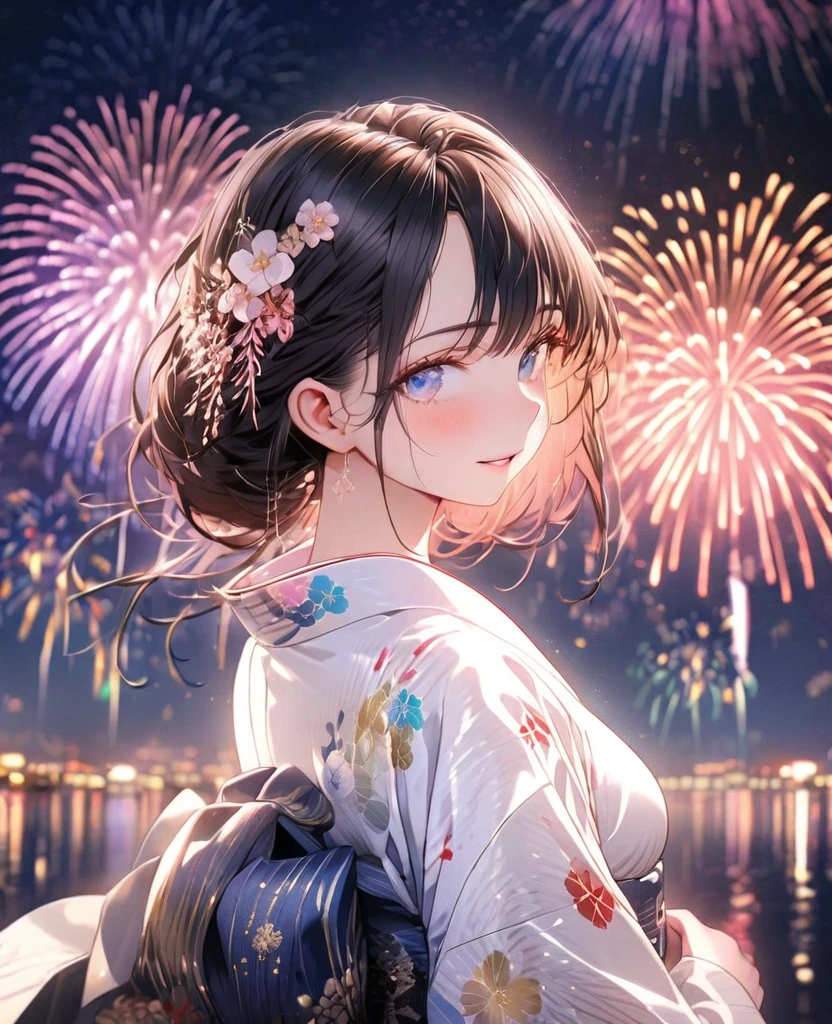 8k,Ephemeral beauty,Very delicate and beautiful,Beautiful and realistic skin,Shining like a jewel,Black Hair、Long and colorful hair,Beautiful Eyes,good,Beautiful night sky、beautiful Fireworks、White yukata