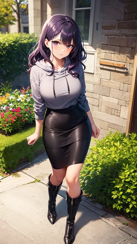 masterpiece, best quality, high detail, beautiful woman, wavy hair, dark purple hair, gray hoodie, black midi pencil skirt, long black pencil skirt, upper body, leather boots, looking at viewer, fall garden, leaves, sidewalk, backyard,