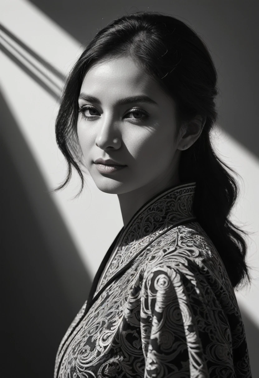 black and white, woman, Shadow Symphony, sharp focus, studio photo, intricate details, highly detailed,