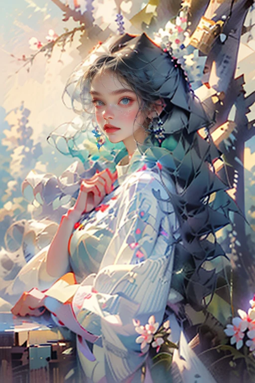 High quality 16k,ultra realistic, masterpiece of Japanese painting, watercolor in the style of yuko nagayama, waist-length portrait, in pastel tones, 1 girl, 25years,( perfectly beautiful face, big blue eyes 1. 2, long eyelashes, chic long hair (white1.1,( Dynamic wind hair)),small slightly upturned nose, glossy plump lips (mouth relaxedly ajar)) ,(approaching perfection) /hiding smiling by the blooming cherry tree, (looks at the camera, (looking out leaning on the branch of a blooming cherry tree)) ./ spring, evening, dynamics of cherry blossom petals (Little Wind).