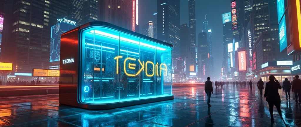 There is a phone booth in a futuristic city, written on the booth: TEDOMA, positioned on the right corner of the image, contrasting colours, rendered in keyshot, futuristic cabins, cabine no estilo TRON LEGACY, lights in blue and golden colors, cabin made of glass, transparent cabins, cyberpunk, Time Machine, represented as a 3D rendering, 3D rendering beep, promotional rendering, sci-fi magic highly detailed.