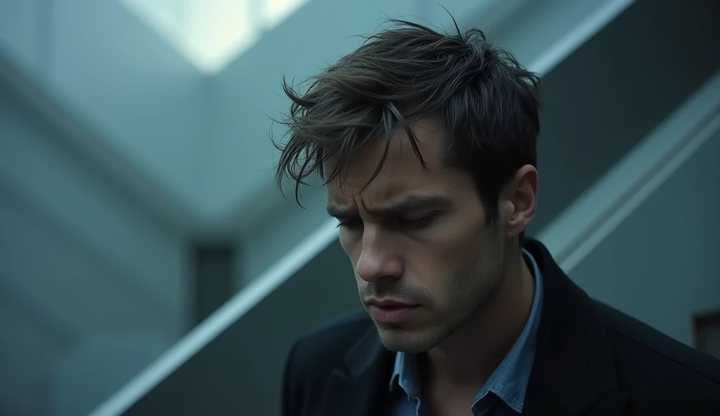 a depressed man with a very insecure expression against a modern aesthetic background