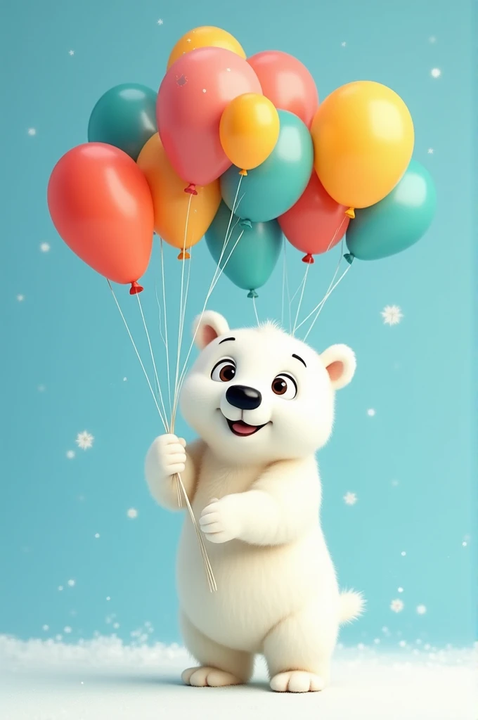 A polar bear of big eyes holding a balloons of birds of vibrant colours in a blue background in animated and funny way