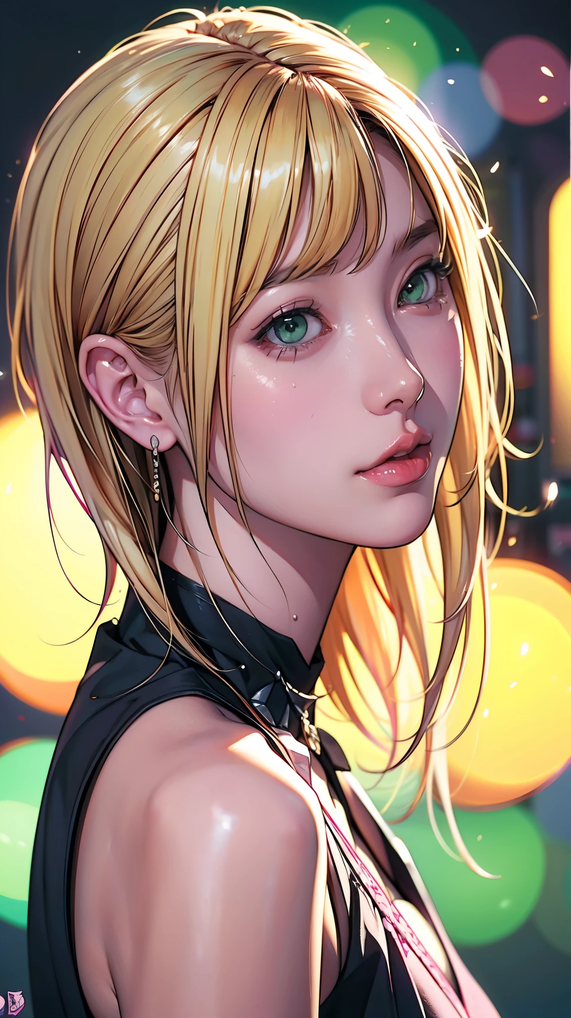 Woman Blonde Hair、Green Eyes、Pink bat、Black top, Realistic art style, Painting a portrait of Ross, Art Germ Portraits, アニメのRealistic art style, 4K Realistic Digital Art, 4K Realistic Digital Art, 8K Art Germany Bokeh, deviantart artstation cgscosiety, artgerm very detailed, Created by Anime Painter Studio, RossDraw Digital Painting