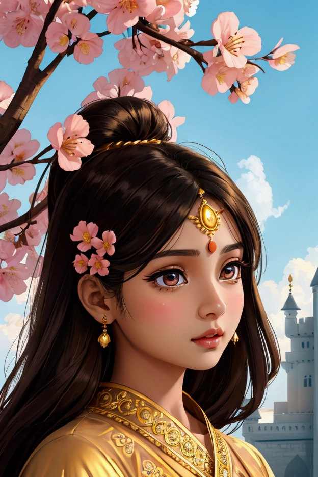 Beautiful and charming Indian woman、Translucent brown skin、Half-body photo、Attractive oval face、double eyelid、Bright peach blossom eyes、Pink Lips、Small Nose、Long black hair、profile、Looking up at the sky、Face close-up、Ultra-high resolution、Super detailed、indian castle、god秘的、A background bathed in light、god々new decorations、Golden dress。