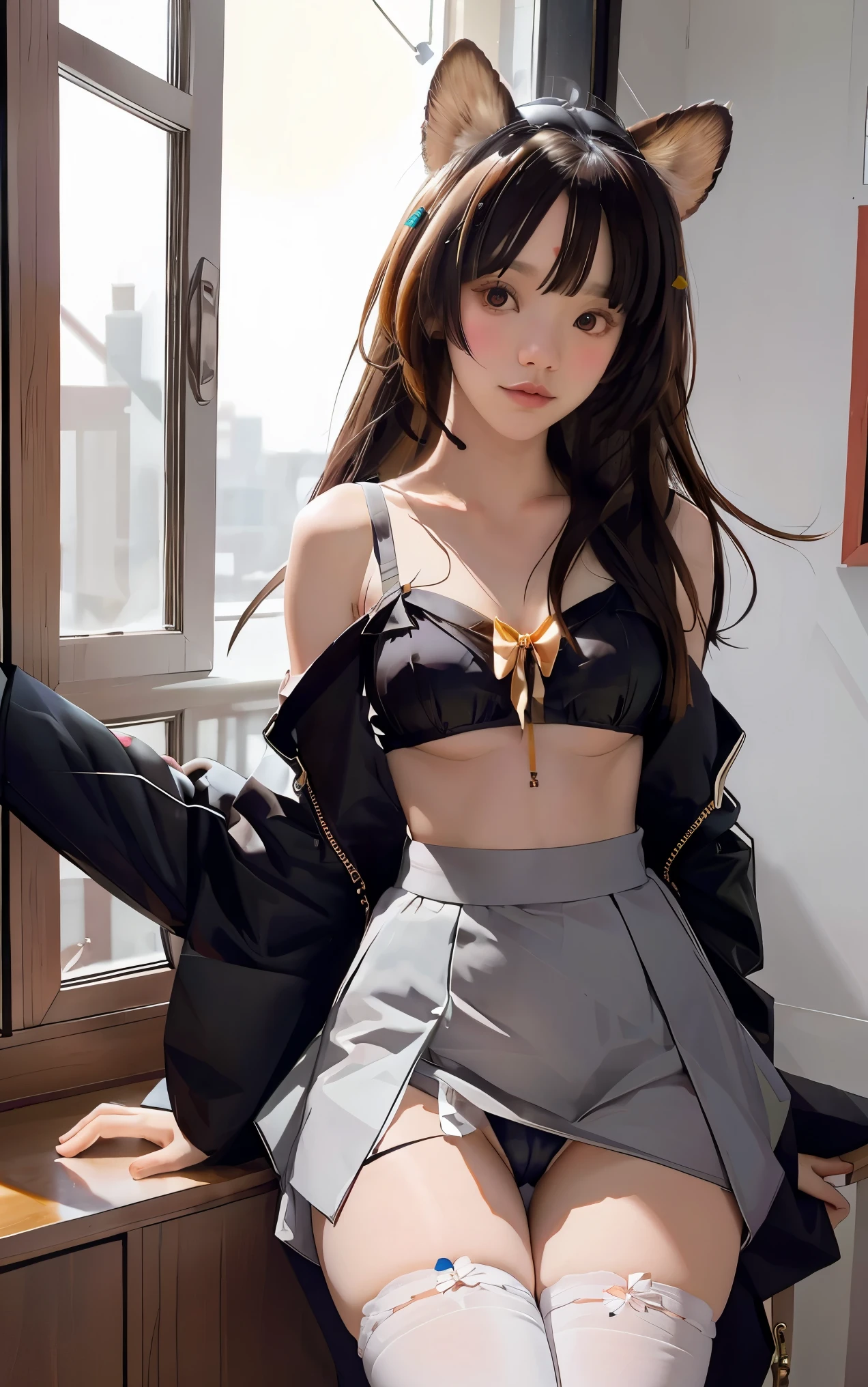 Dog ears, cropped shoulders,White knee-length stockings,Superskirt,perfect body figure,wearing only his underwear,Cute lingerie,medium boob