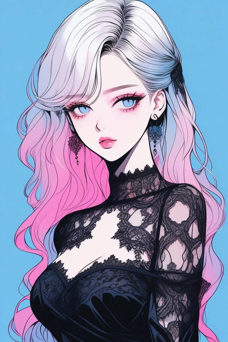 Illustrator, anime , Realistic ,sketch , 1 person, model, Age 30, lip, A sheer black gothic dress with a lot of lace, order, Blue and pink gradient background, Neon Medium Hair, Big Breasts, look back, Upper Body, Sexy look, Texture Trim, Canadian, (masterpiece,Highest quality)