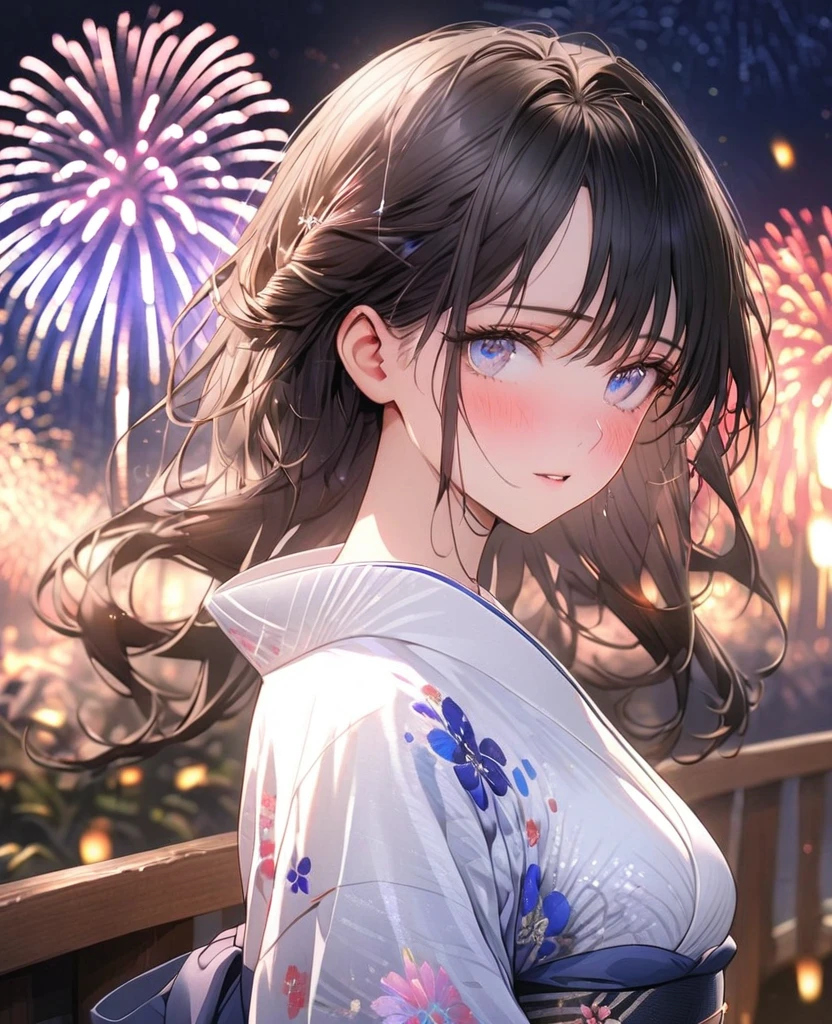 8k,Ephemeral beauty,Very delicate and beautiful,Beautiful and realistic skin,Shining like a jewel,Black Hair、Long and colorful hair,Beautiful Eyes,good,Beautiful night sky、beautiful Fireworks、White yukata、Shy