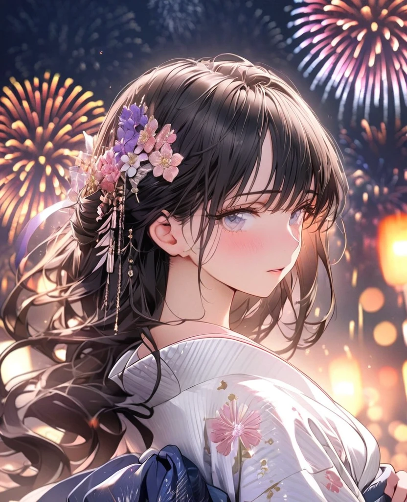 8k,Ephemeral beauty，Very delicate and beautiful,Beautiful and realistic skin,Shining like a jewel,Black Hair、Long and colorful hair,Beautiful Eyes,good,Beautiful night sky、beautiful Fireworks、White yukata、Shy
