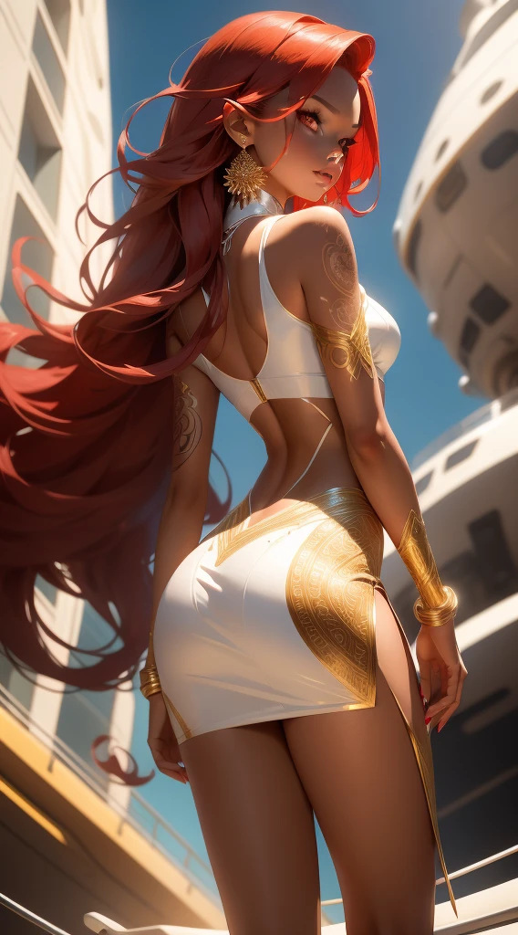 Gorgeous elegant alien girl, messy mid-length red hair, tan skin, soft sultry lips, sad look, standing on a futuristic silvee boat, view from behind, short tight skirt, loose white  blouse, adorned with gold jewelry, slender waist, single thigh tattoo, high-heels, intricate, clean, meticulously detailed, 4k, perfect face