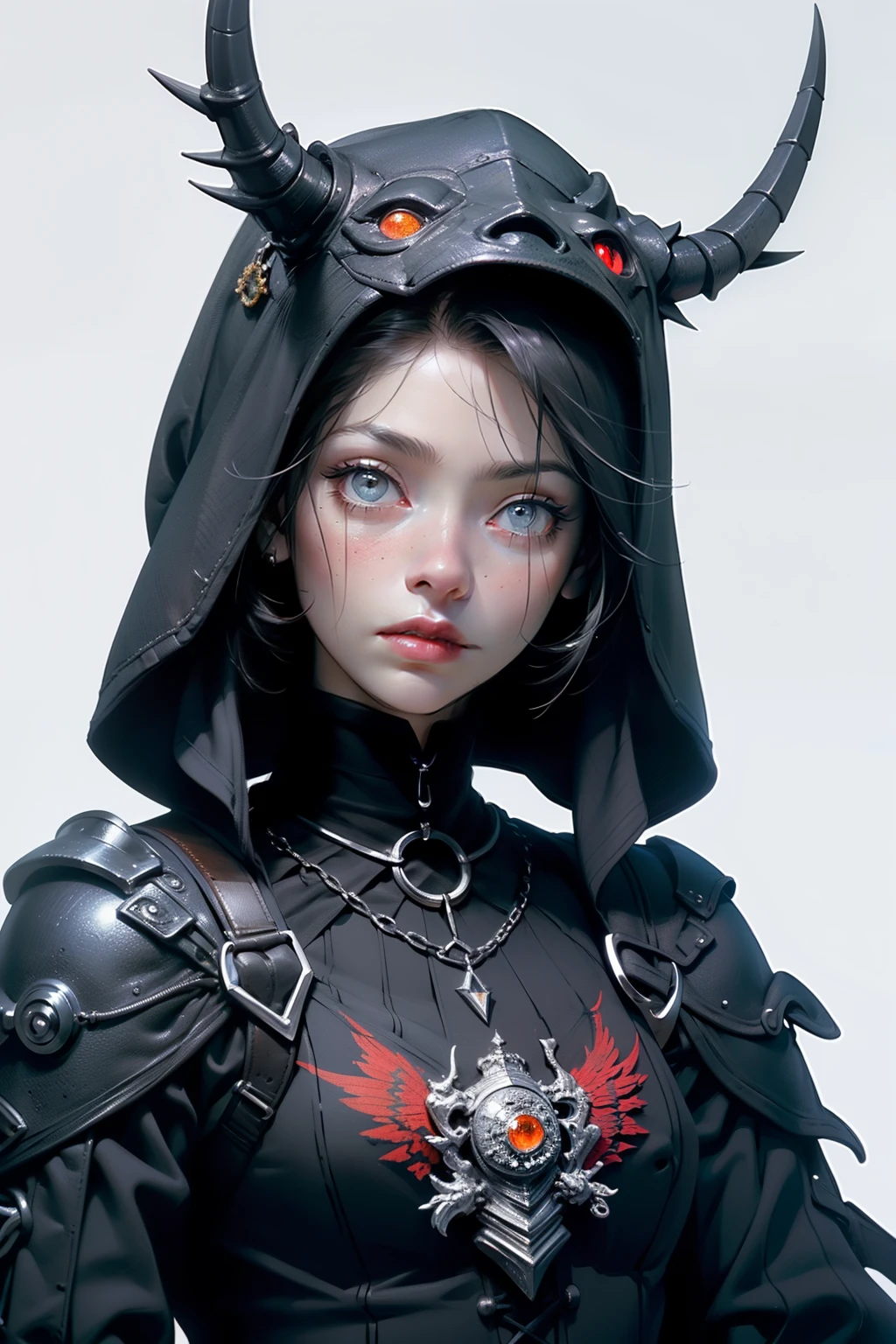 ((best quality)), ((masterpiece)), (detailed), perfect face, hand drawn style, hand painted style, watercolour, sketch, a knight, white background, plain background, Bloodborne inspired, tatty Bloodborne attire, occult aesthetic, occult, tatty red and white clothing detailed and intricate steampunk and detailed gothic ta (with a hood), diadems, long coat, Complex laced boots, Fluttering lace flared long knee length dress with frilly petticoats, long dress, knee length dress, pleated petticoats, loliress, petticoats gothic lolita, tiful small breasts, (((( Highly detailed face))), small thin nose, Small thin lips mouth, (((Very sharp focused eyes))), Very large slit precision pale grey eyes that shine like jewels. very long eyelashes, Silver hair swaying in the wind, Emitting a dazzling light in a mandala pattern, white background, Very dramatic and cinematic lighting, tatty damaged old red and white clothing, full body, whole body, body, cosmic horror, grim dark