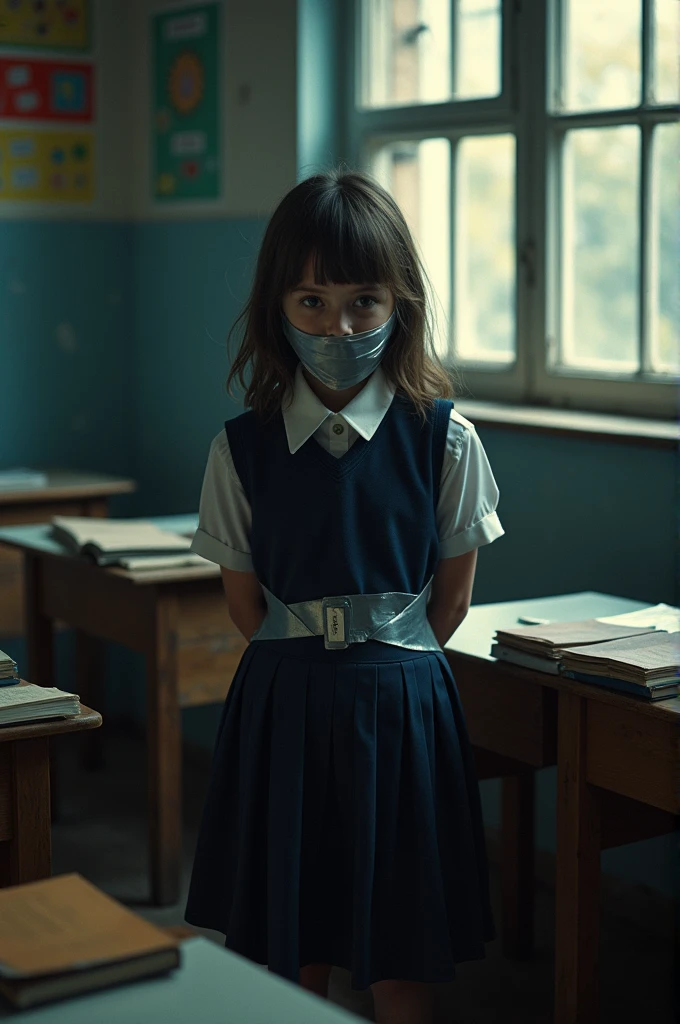 girl in school uniform tied up and gagged with duct tape