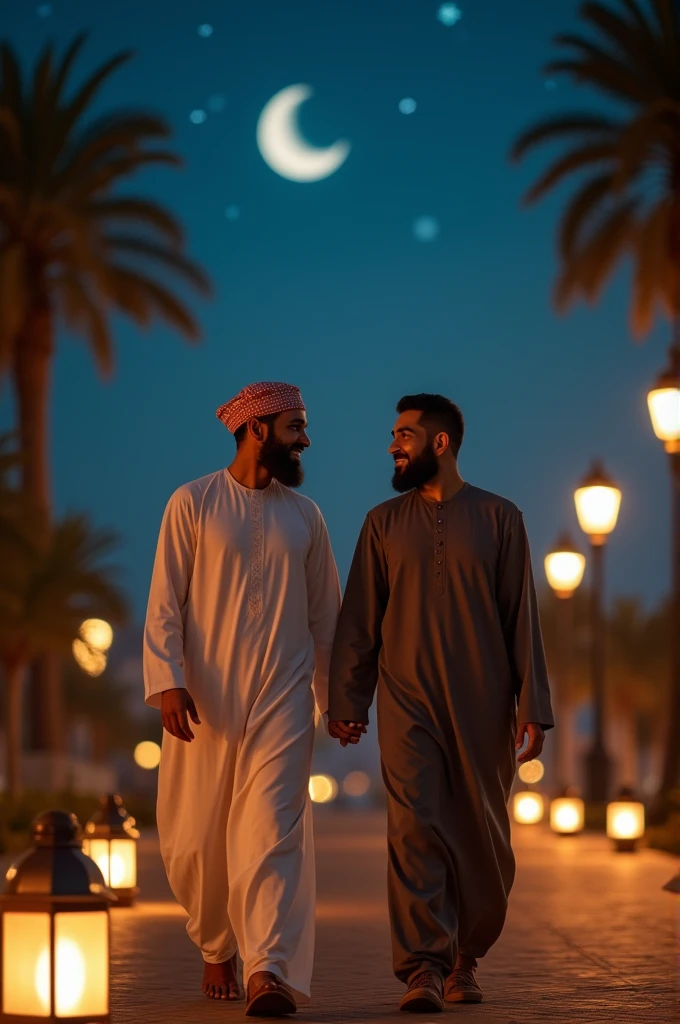 Two muslim man, walk in night 