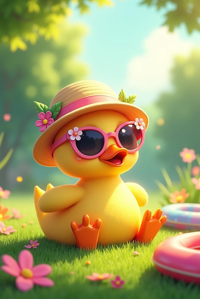 Cute duck,sitting on ground into Green Grass with flowers,soft pink touch,wearing a flowers hat,cartoon,sun butterflys sunglasses,swimming tires