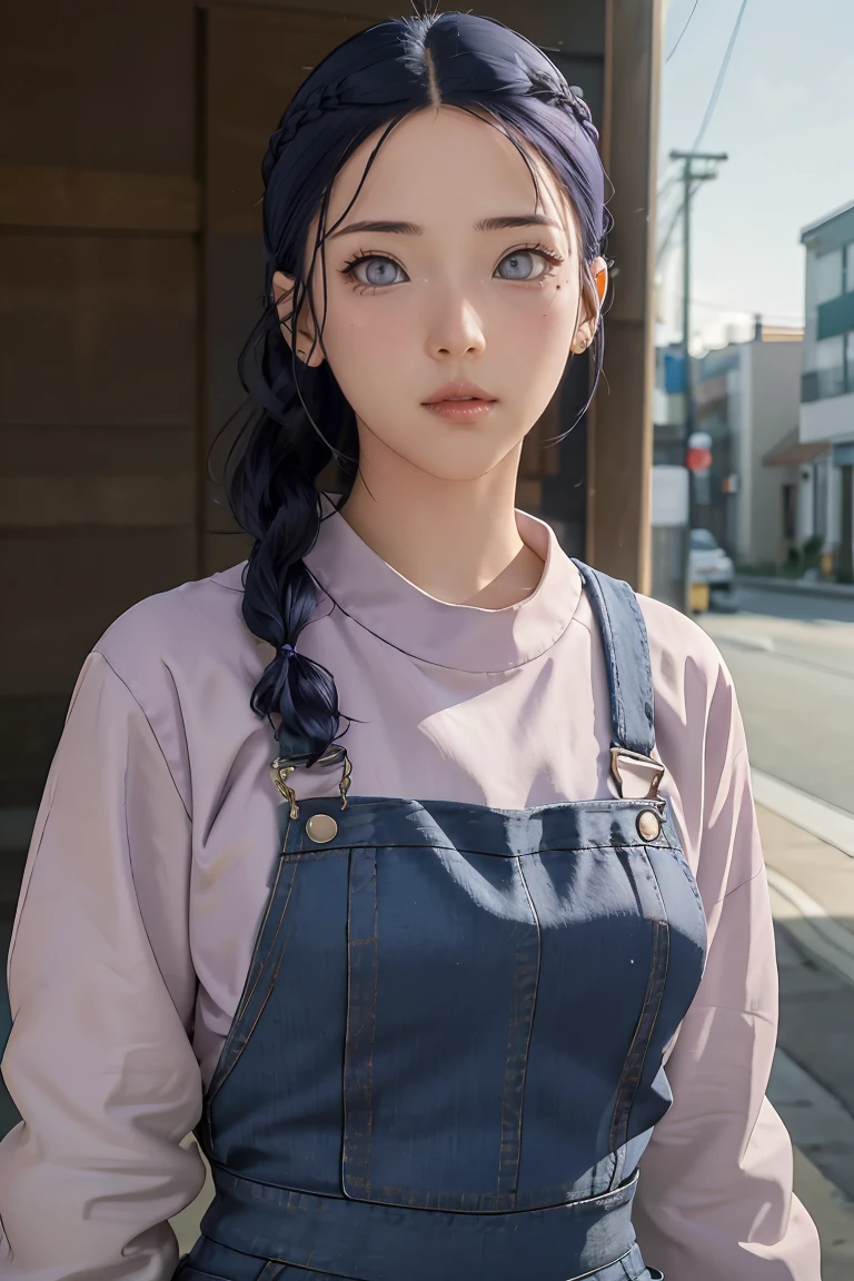 Masterpiece, best quality, Very detailed, illustration,1 girl,
, dark blue hair, french braid, purple eyes, smooth, blunt, rift,
shirt,(Jeans overalls set 1.1),shirtสเวตเตอร์สีม่วงอกกลาง,
look at viewer,Hyuga/(Boruto/),detailed lips