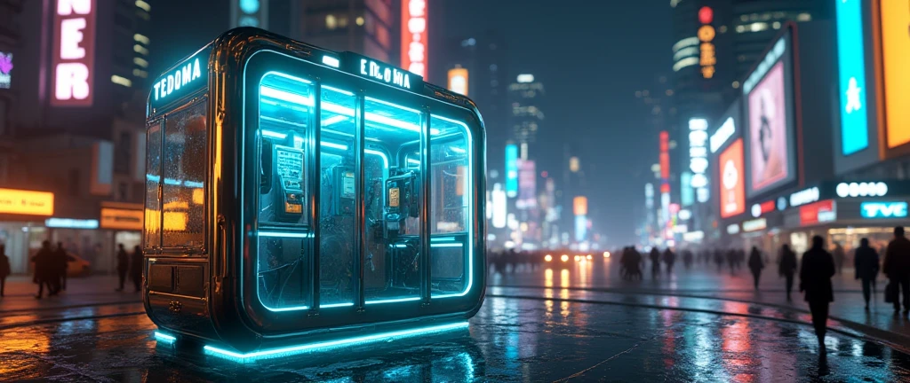 There is a phone booth in a futuristic city, written on the booth: TEDOMA, positioned on the right corner of the image, contrasting colours, rendered in keyshot, futuristic cabins, cabine no estilo TRON LEGACY, lights in blue and golden colors, cabin made of glass, transparent cabins, cyberpunk, Time Machine, represented as a 3D rendering, 3D rendering beep, promotional rendering, sci-fi magic highly detailed.