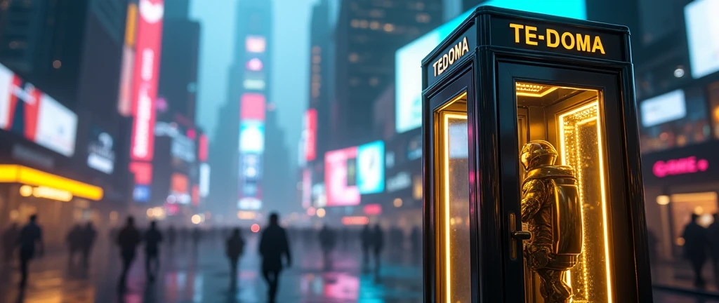 There is a phone booth in a futuristic city, written on the booth: TEDOMA, positioned on the right corner of the image, contrasting colours, rendered in keyshot, futuristic cabins, cabine no estilo TRON LEGACY, lights in blue and golden colors, cabin made of glass, transparent cabins, cyberpunk, Time Machine, represented as a 3D rendering, 3D rendering beep, promotional rendering, sci-fi magic highly detailed.