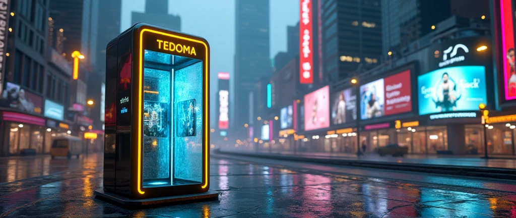 There is a phone booth in a futuristic city, written on the booth: TEDOMA, positioned on the right corner of the image, contrasting colours, rendered in keyshot, futuristic cabins, cabine no estilo TRON LEGACY, lights in blue and golden colors, cabin made of glass, transparent cabins, cyberpunk, Time Machine, represented as a 3D rendering, 3D rendering beep, promotional rendering, sci-fi magic highly detailed.