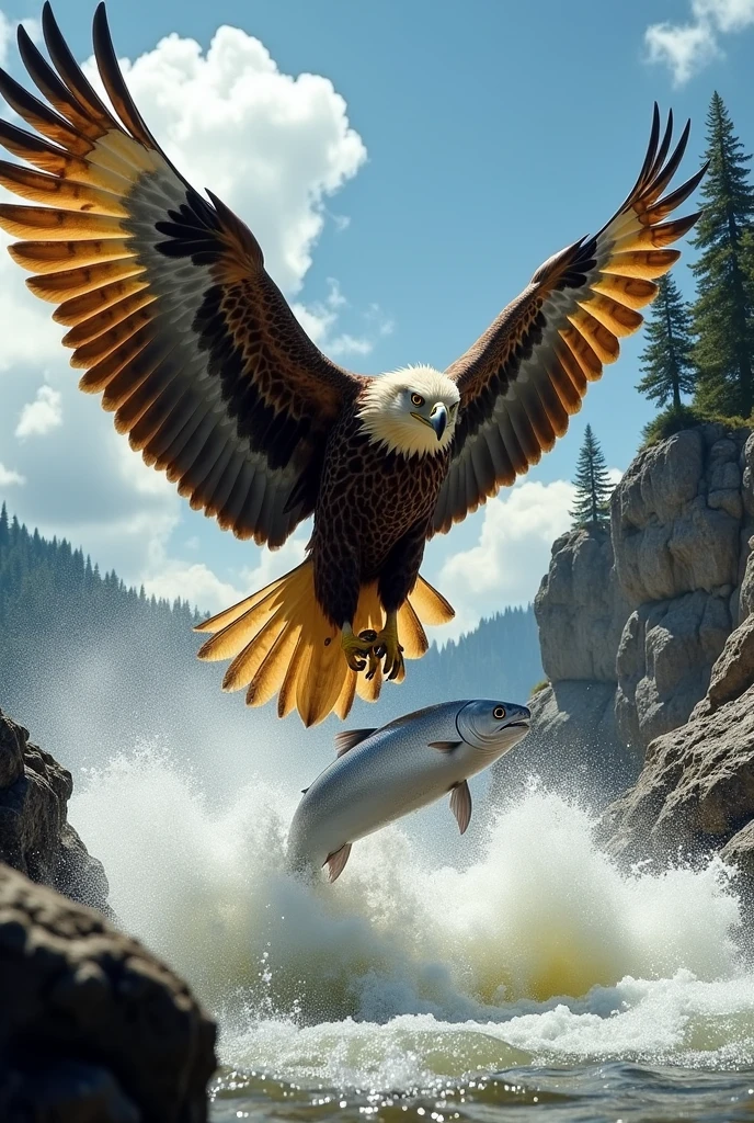 Generate an image of a giant golden eagle catching a white fish in boiling water with its claws tightly gripping the fish's head