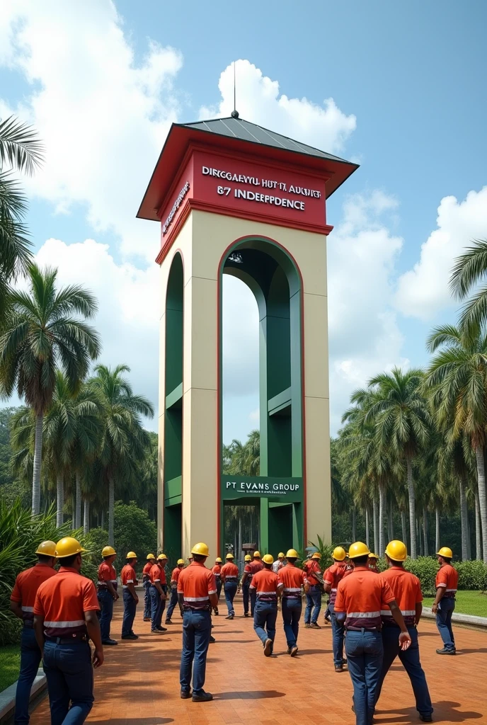 The office is located on a palm oil plantation, The office is clearly visible, the top is cream and the bottom is dark green, and there is a large enough monument, the top is red and the bottom is white, At the entrance to the office there is a clear inscription, namely PT EVANS GROUP at the bottom and at the top there is DIRGAHAYU HUT 17 AUGUST KE- 78 INDEPENDENCE, Under the monument, you can see employees wearing yellow safety helmets and local residents enthusiastically celebrating Independence Day., This picture looks very real and realistic.