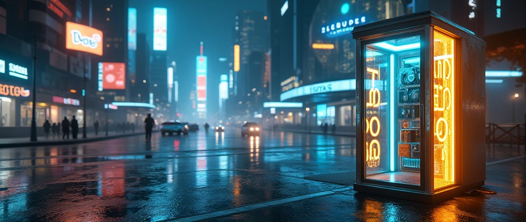 There is a phone booth in a futuristic city, written on the booth: TEDOMA, positioned on the right corner of the image,  contrasting colours, rendered in keyshot, futuristic cabins, cabine no estilo TRON LEGACY, lights in blue and golden colors, cabin made of glass, transparent cabins, cyberpunk, Time Machine, represented as a 3D rendering, 3D rendering beep, promotional rendering, sci-fi magic highly detailed.