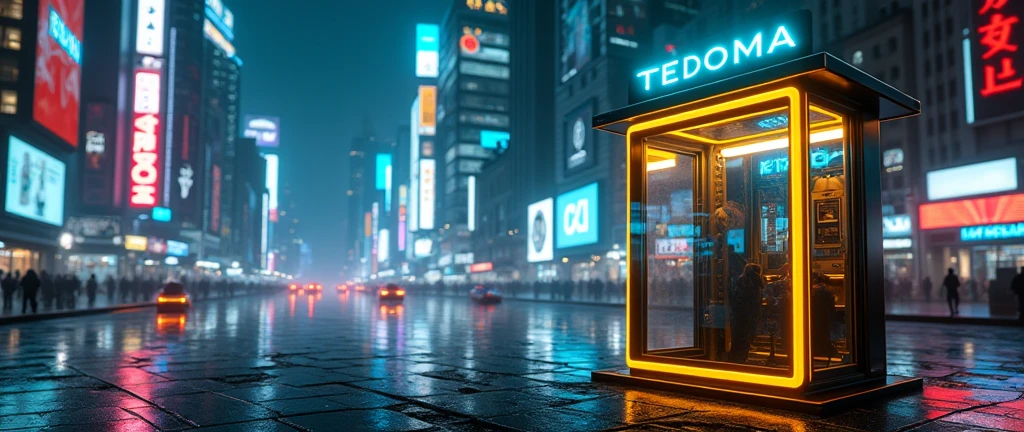 There is a phone booth in a futuristic city, written on the booth: TEDOMA, positioned on the right corner of the image, contrasting colours, rendered in keyshot, futuristic cabins, cabine no estilo TRON LEGACY, lights in blue and golden colors, cabin made of glass, transparent cabins, cyberpunk, Time Machine, represented as a 3D rendering, 3D rendering beep, promotional rendering, sci-fi magic highly detailed.