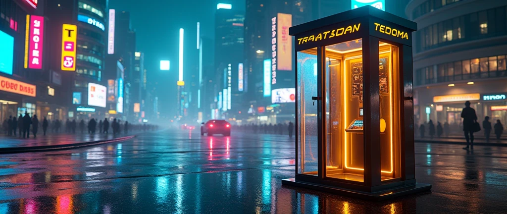 There is a phone booth in a futuristic city, written on the booth: TEDOMA, positioned on the right corner of the image, contrasting colours, rendered in keyshot, futuristic cabins, cabine no estilo TRON LEGACY, lights in blue and golden colors, cabin made of glass, transparent cabins, cyberpunk, Time Machine, represented as a 3D rendering, 3D rendering beep, promotional rendering, sci-fi magic highly detailed.