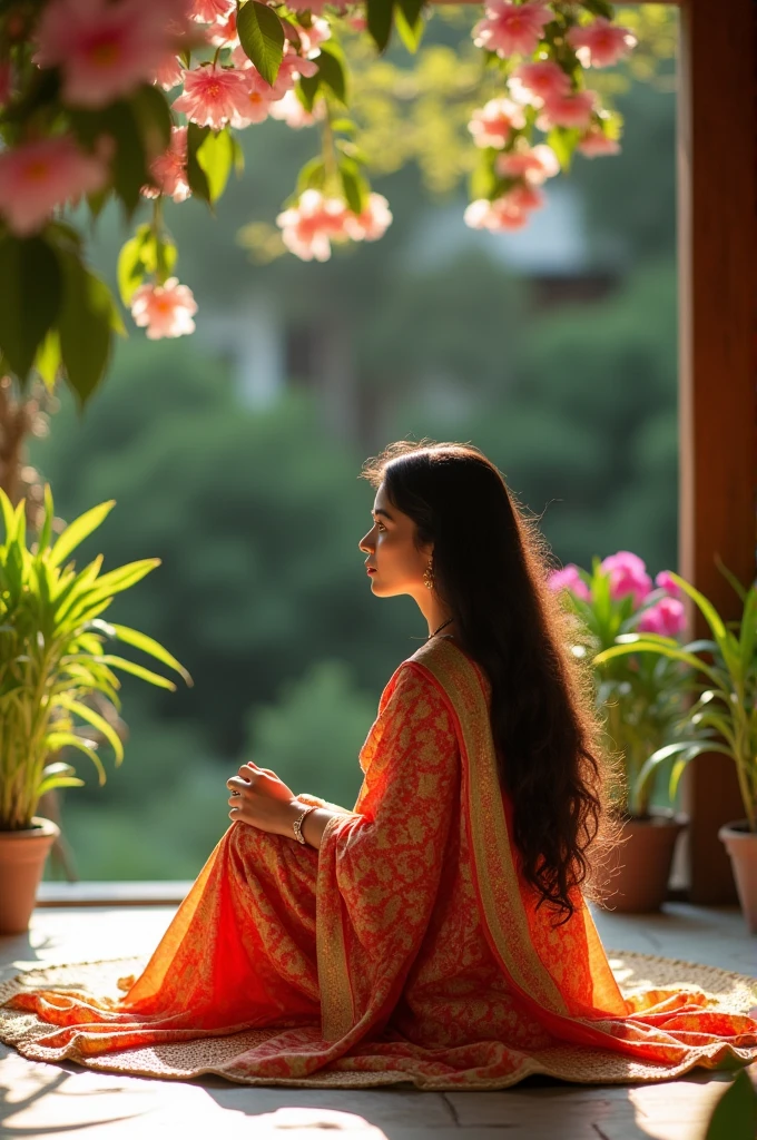 Malayi lady of 25 wearing saree, hair open, sitting in a house front yard looking long