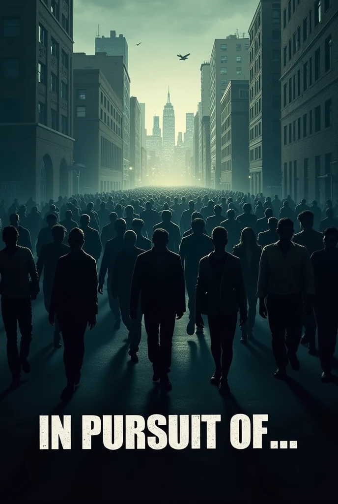 Generate a poster for a play named 'In Pursuit Of...' based on unemployment and have a small mob on unemployed people without faces 