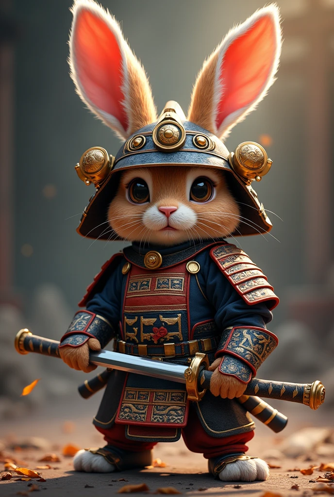 a cartoon rabbit samurai, highly detailed, detailed rabbit face, detailed rabbit eyes, detailed rabbit ears, detailed rabbit fur, rabbit holding a katana sword, rabbit in samurai armor, samurai helmet, dramatic lighting, epic fantasy, intricate details, vibrant colors, masterpiece, best quality, 8k, photorealistic