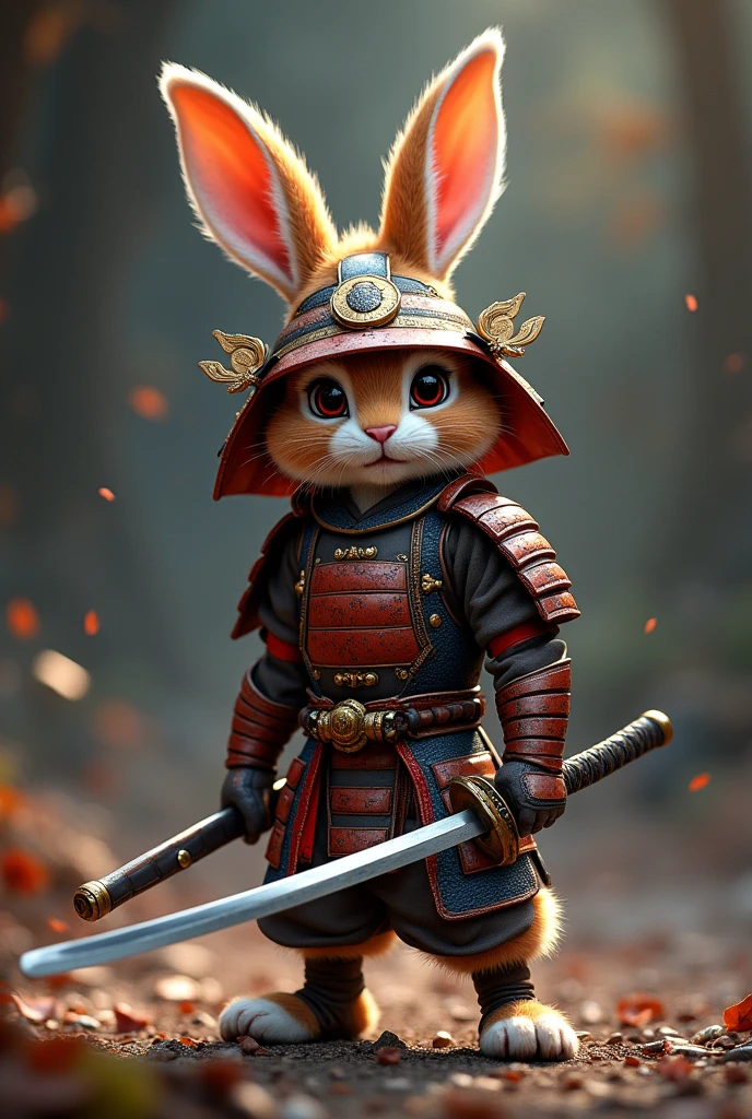 a cartoon rabbit samurai, highly detailed, detailed rabbit face, detailed rabbit eyes, detailed rabbit ears, detailed rabbit fur, rabbit holding a katana sword, rabbit in samurai armor, samurai helmet, dramatic lighting, epic fantasy, intricate details, vibrant colors, masterpiece, best quality, 8k, photorealistic