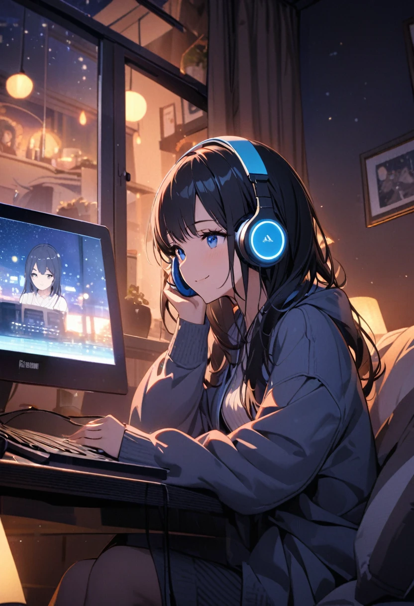 Beautiful woman, alone, A gentle smile on her face, Black Hair, blue eyes, Beautiful depiction,A woman sitting in front of a computer in a cozy bedroom, A woman listening to music in a cozy room. (night), Use headphones, (beautiful night views from windows), Beautiful feet,Very detailed