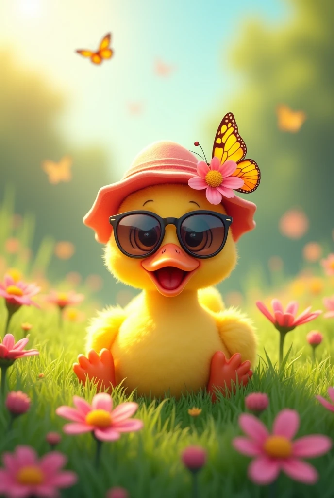 Cute duck,sitting on ground into Green Grass with flowers,soft pink touch,wearing a flowers hat,cartoon,sun butterflys sunglasses,swimming tires